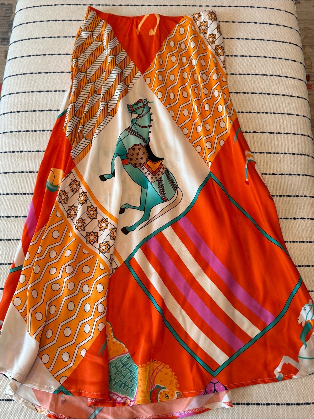 Vibrant Orange Patchwork Horse-Print Midi Skirt